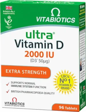 Vitabiotics Ultra Vitamin D D3 Vitamina pentru Întărirea Sistemului Imunitar & Sănătatea Oaselor 2000iu 50mg 96 Tablete