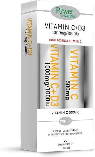 Power Of Nature Vitamin C 1000mg - D3 1000iu & Vitamin C 500mg Vitamina pentru Întărirea Sistemului Imunitar, Pielea & Acțiune Antioxidantă 1000iu 1000mg Lămâie 2 x 20 comprimate efervescente — preț și oferte