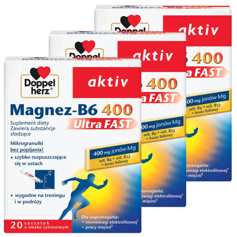 Doppelherz aktiv Magnesium-B6 400 UltraFast set, aromă de citrice, 3 x 20 plicuri — preț și oferte