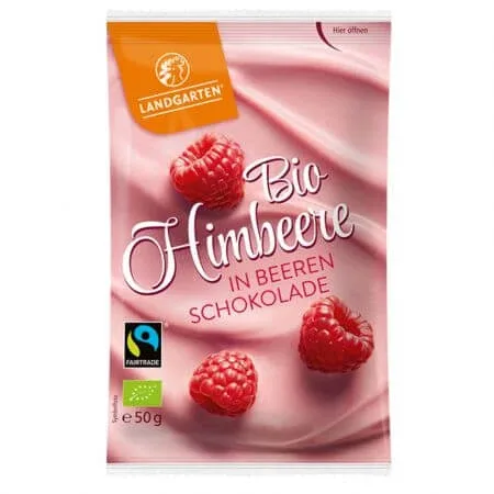 Zmeura si fructe de padure invelite in ciocolata Bio, 50 g, Landgarten — preț și oferte