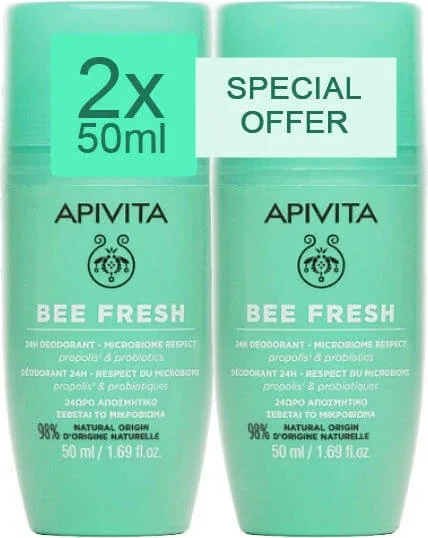 Apivita Bee Fresh Deodorant 24h sub formă de Roll-On Fără aluminiu 2x50ml — preț și oferte