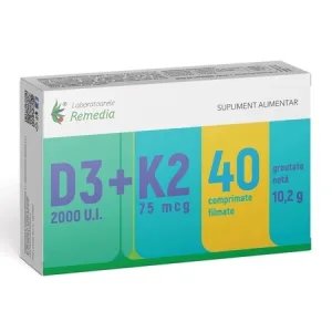 Vitamina D3 2000 UI + Vitamina K2 75 mcg, 40 comprimate filmate – Remedia