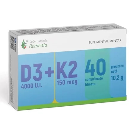 Vitamina D3 4000 UI + Vitamina K2 150 mcg, 40 comprimate filmate – Remedia Lab. Remedia — preț și oferte