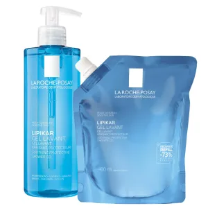 Set La Roche-Posay Lipikar, gel de curățare delicată pentru față și corp, piele sensibilă, 400 ml + rezervă, 400 ml