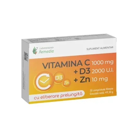 Vitamina C 1000 mg + Zinc 10 mg + D3 2000 UI, 30 comprimate filmate – Remedia Lab. Remedia — preț și oferte
