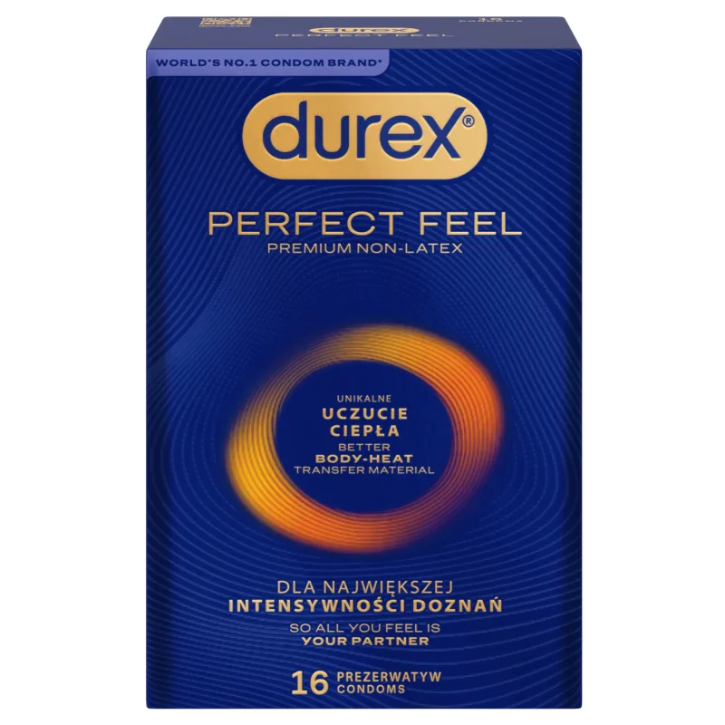 Durex Perfect Feel Premium Non-Latex, prezervative non-latex, senzație unică de căldură, 16 bucăți — preț și oferte