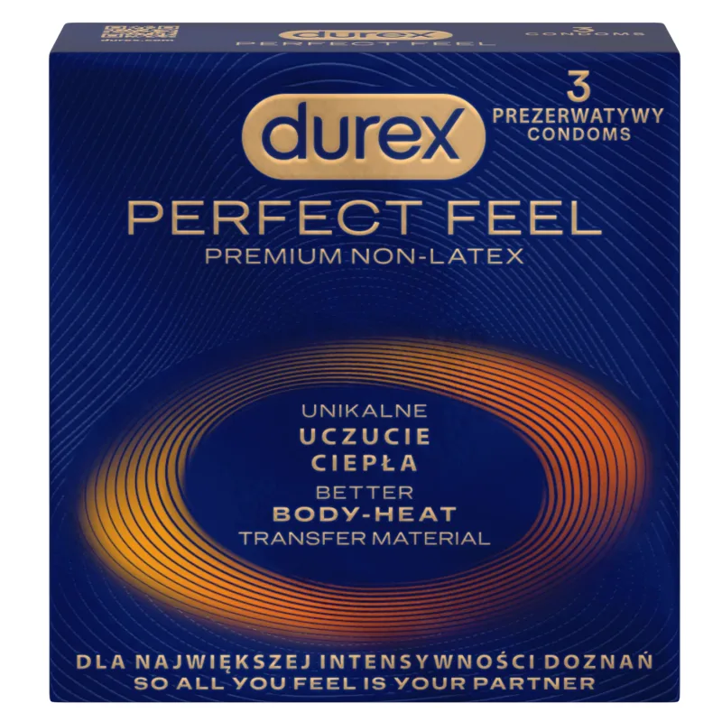 Durex Perfect Feel Premium Non-Latex, prezervative non-latex, senzație unică de căldură, 3 bucăți — preț și oferte