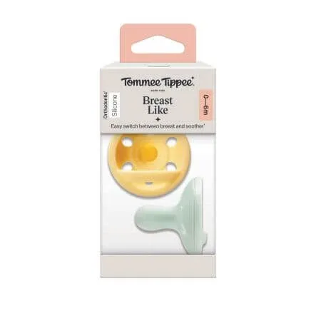 Suzeta ortodontica din silicon Breast Like Soother, Galben/Verde Mint, 0-6 luni, 2 bucati, Tommee Tippee — preț și oferte