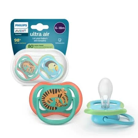 Suzeta Ultra Air Pacifier Philips Avent, Papagal/Tigru, 6-18 luni, SCF087/11, 2 bucati, Philips — preț și oferte