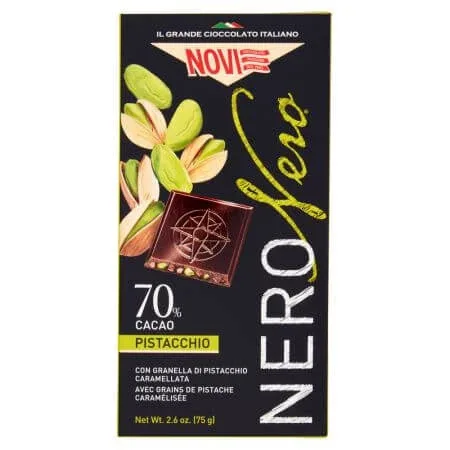 Ciocolata extra neagra cu 70% cacao si boabe de fistic crocant, 75 g, Novi — preț și oferte
