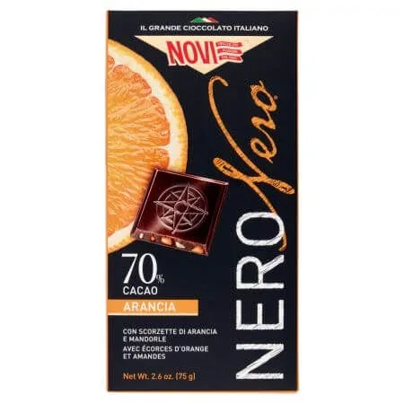 Ciocolata extra neagra cu 70% cacao, coji de portocale si migdale prajite, 75 g, Novi — preț și oferte