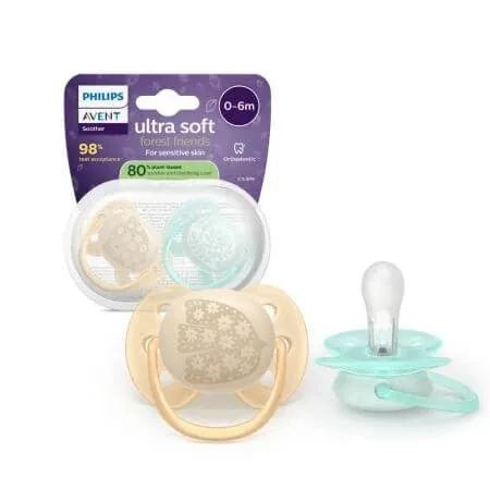Suzeta Ultra Soft Pacifier Philips Avent, Forest Friends, 0-6 luni, 2 bucati, Philips — preț și oferte