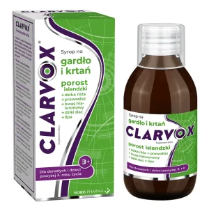 Clarvox Sirop pentru gât și laringe pentru adulți și copii de la vârsta de 3 ani, lichen + măceșe, aromă de căpșuni, 200 ml