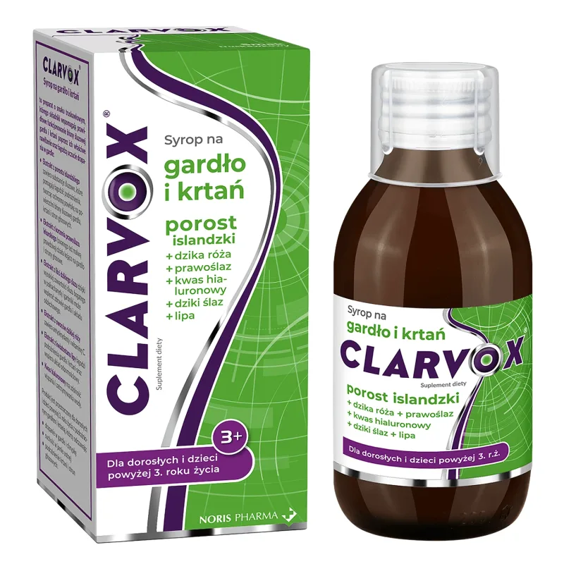 Clarvox Sirop pentru gât și laringe pentru adulți și copii de la vârsta de 3 ani, lichen + măceșe, aromă de căpșuni, 200 ml — preț și oferte