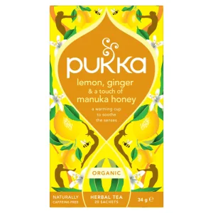 Pukka Lemon Ginger & Manuka Honey Organic, ceai de fructe și plante, ghimbir și lămâie, aromat, 2 g x 20 pliculețe