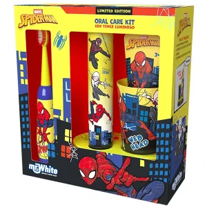 Mr White Spiderman, set de periaj dentar pentru copii, periuță de dinți + pastă de dinți + pahar + bază LED
