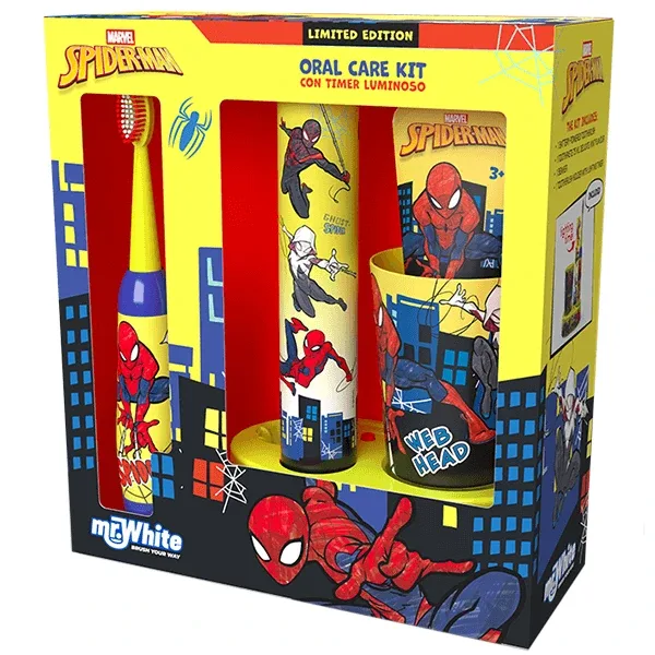 Mr White Spiderman, set de periaj dentar pentru copii, periuță de dinți + pastă de dinți + pahar + bază LED — preț și oferte