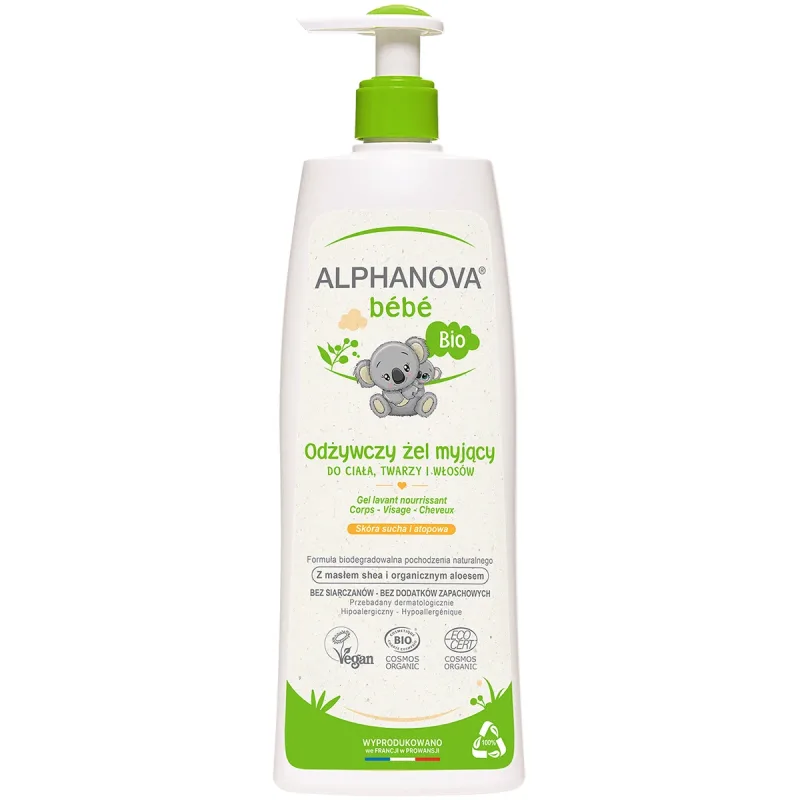 Alphanova Bebe, gel de curățare hrănitor pentru corp, față și păr Bio, piele uscată și atopică, 500 ml — preț și oferte