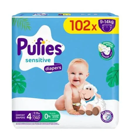 Scutece de schimb Mega Maxi Sensitive, Nr. 4, 9-14 kg, 102 buc, Pufies — preț și oferte