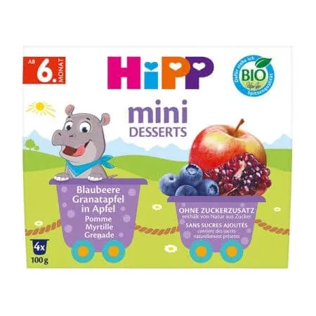 Mini desert Bio cu mere, afine si rodie, 4 x 100 g, Hipp — preț și oferte