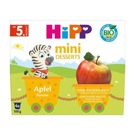 Mini desert Bio cu mere, 5 luni+, 4 x 100 g, Hipp — preț și oferte