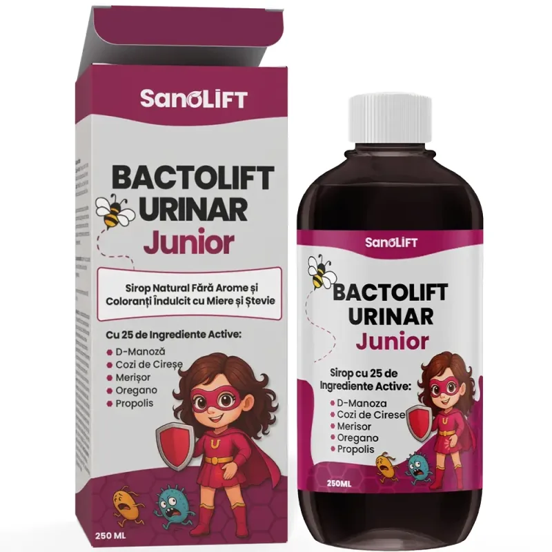 BactoLift Urinar Junior – Sirop pentru Infecții Urinare la Copii, Formula Complexă cu 25 Ingrediente Naturale: D-Manoză, Merișor și Propolis — preț și oferte