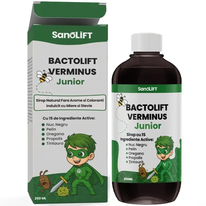 BactoLift Verminus Junior – Sirop pentru Paraziti Intestinali la Copii - Facilitează Eliminarea Paraziților & Stimulează Imunitatea - 100% Natural - 250 mL — preț și oferte