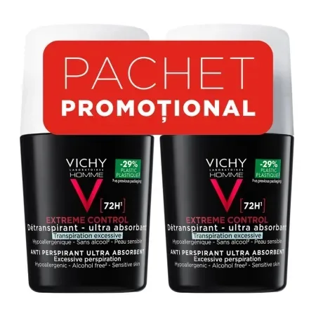 Pachet Deodorant roll-on antiperspirant pentru barbati Control Extrem 72H, 50 ml + 50 ml, Vichy — preț și oferte