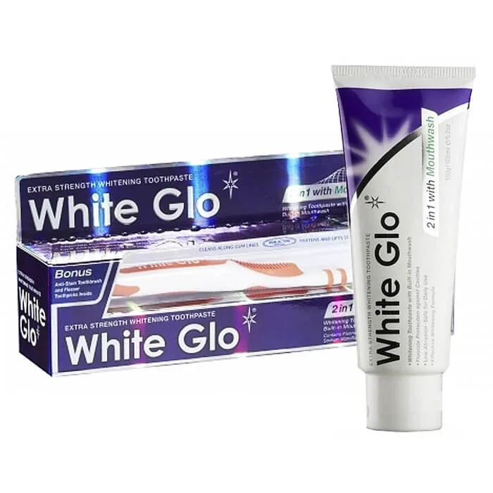 White Glo 2in1, pastă de dinți cu apă de gură, albire, 100 ml + periuță de dinți și scobitori ca un cadou — preț și oferte