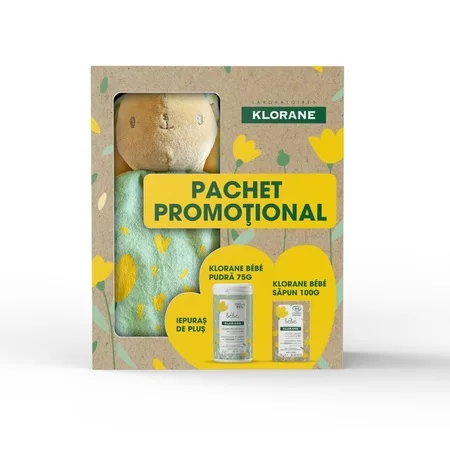 Set Pudra protectoare pentru bebelusi 75 g + Sapun solid bio pentru corp si par 100 g + Iepuras de plus, Klorane Bebe — preț și oferte