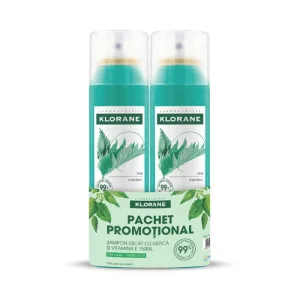 Pachet Sampon Uscat pentru Par Gras cu Vitamina E si Urzica BIO, 2 x 150 ml, Klorane