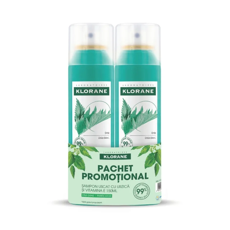 Pachet Sampon Uscat pentru Par Gras cu Vitamina E si Urzica BIO, 2 x 150 ml, Klorane — preț și oferte