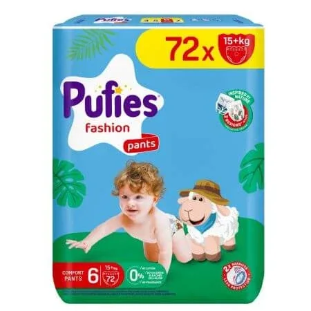 Scutece chilotel Mega XL Fashion, Nr. 6, 15+ kg, 72 buc, Pufies — preț și oferte