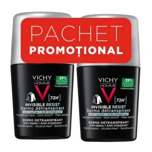 Pachet Deodorant Roll-On Antiperspirant pentru Bărbați Invisible Resist 72H, 50 ml + 50 ml, Vichy