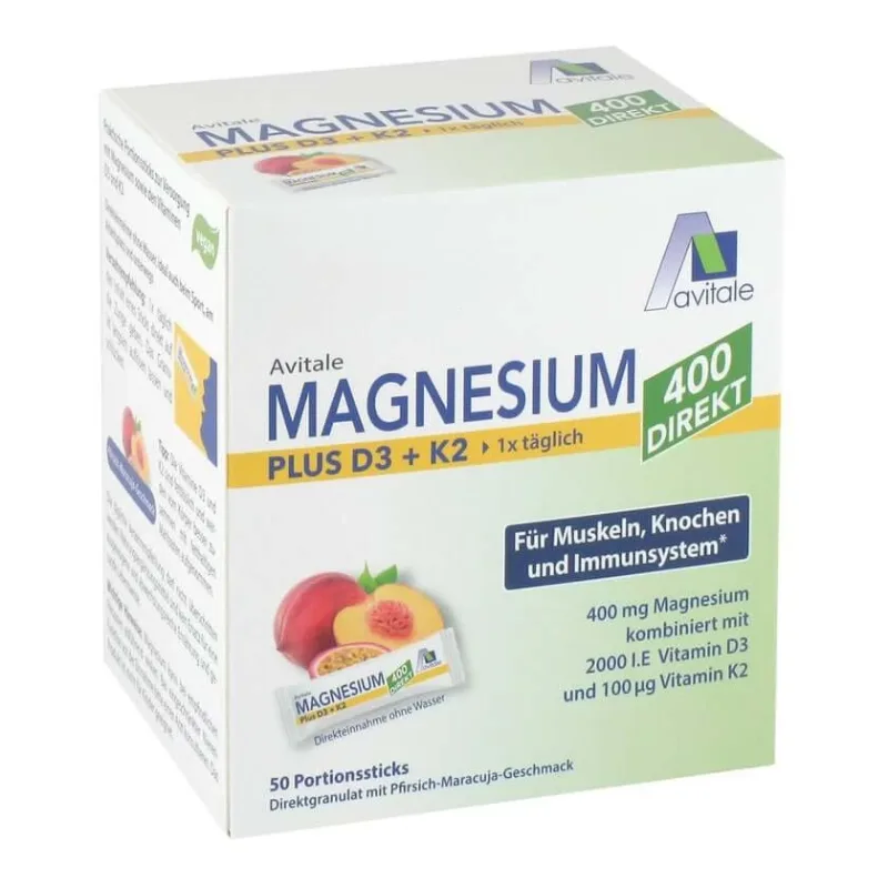 Magneziu 400 plus D3 + K2 direct piersici-fructe pasionale 50X2.5 g — preț și oferte