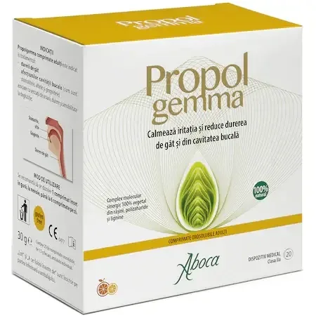 Propolgemma, adulti durere de gat si in cavitatea bucala, 20 comprimate orosolubile, Aboca — preț și oferte