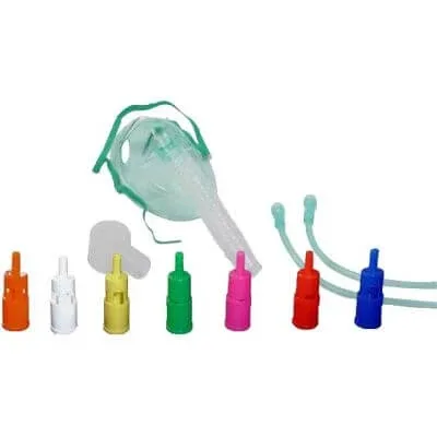Mască moale cu concentrație variabilă, cu sistem Venturi, completă cu kit cu 7 fitinguri colorate și tub de conectare pentru adulți împotriva strivirii — preț și oferte