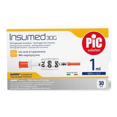 Seringă de insulină Pic insumed 1 ml 100 ui ac calibru 30 12,7 mm fără spațiu mort 30 bucăți — preț și oferte