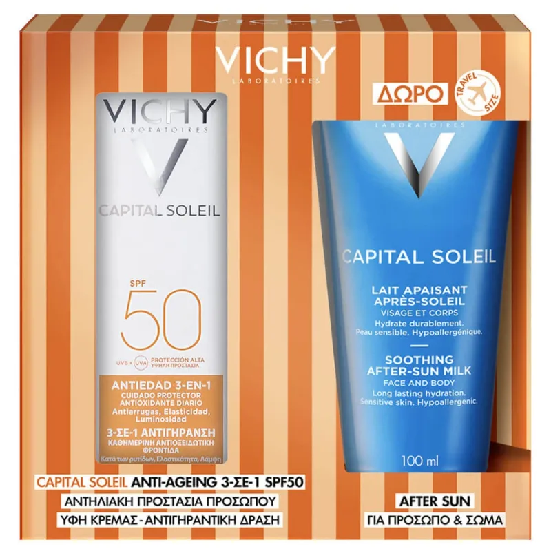 Vichy Promo Pack Capital Soleil Anti-Ageing 3in1 Antioxidant Care SPF50 50ml & GRATUIT Capital Soleil After Sun Soothing Milk 100ml — preț și oferte