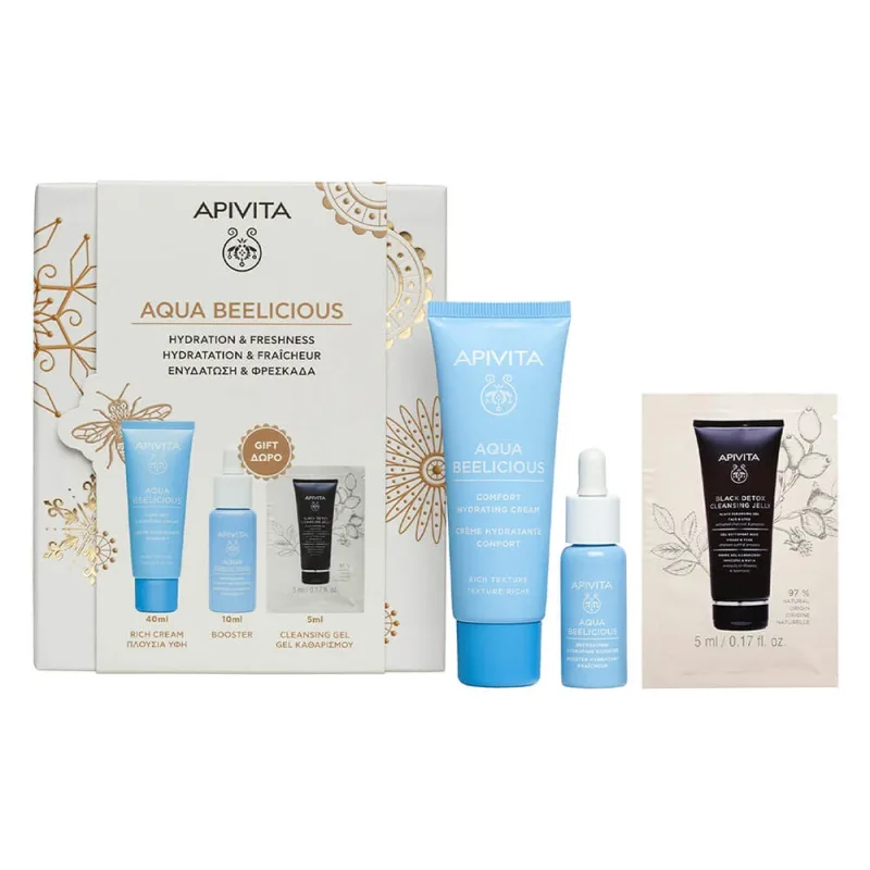 Apivita Promo Pack Aqua Beelicious Rich Texture Cremă hidratantă 40ml cu Booster GRATUIT 10ml și Gel de curățare 5ml — preț și oferte