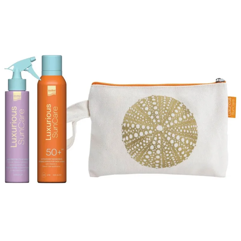 Pachet promoțional Luxurious SunCare cu Spray de protecție a părului 200ml, Spray de protecție solară antioxidant invizibil SPF50+ 200ml și cutie cadou — preț și oferte