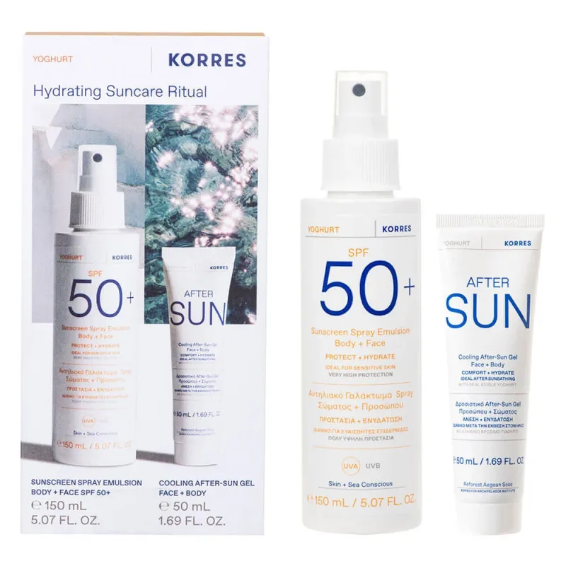 Korres Promo Pack Emulsie de protecție solară Spray pentru corp și față Spray cu iaurt SPF50 150ml & Gel răcoritor după soare pentru față și corp 50ml — preț și oferte