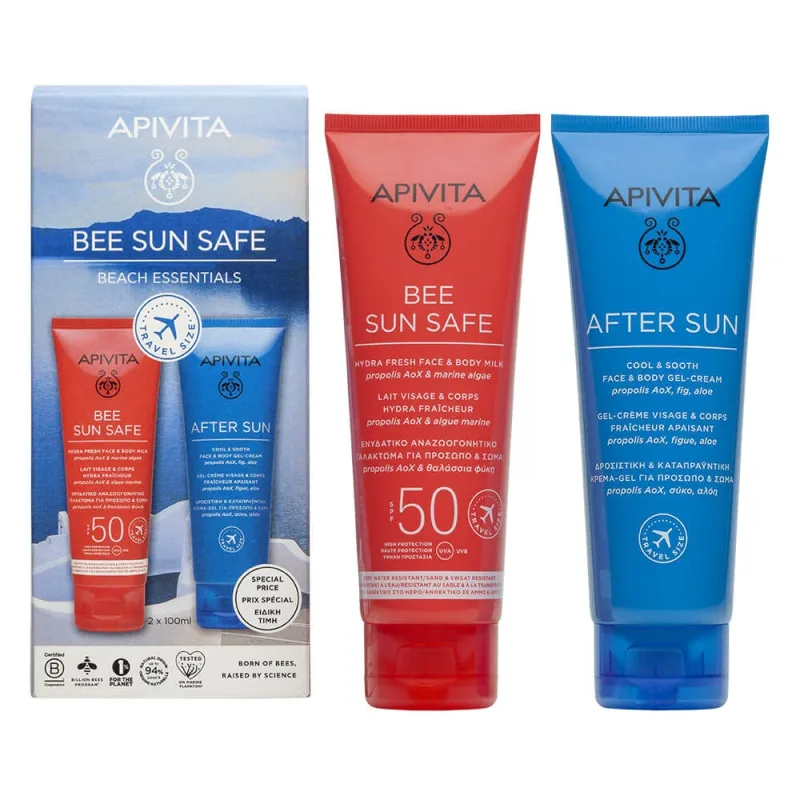 Apivita Bee Sun Safe Beach Essentials Hydra Fresh Face & Body Milk SPF50 100ml & After Sun Cool & Sooth Face & Body Gel-Cream 100ml — preț și oferte