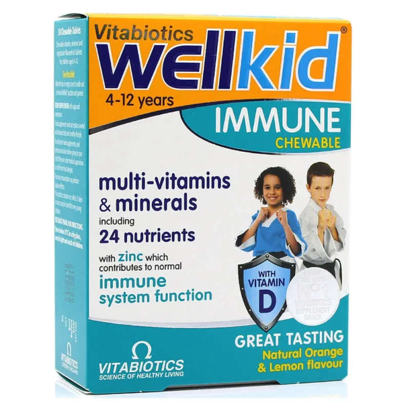 Vitabiotics Wellkid Immune masticabil Orange Lemon de la 4-12 ani 30caps — preț și oferte