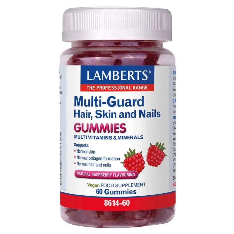 Lamberts Multi-Guard Hair Skin and Nails Gummies cu aromă naturală de zmeură 60pcs — preț și oferte
