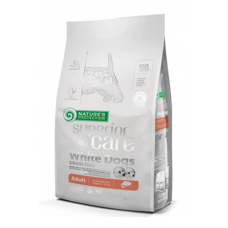 NATURES PROTECTION Superior Care White Dogs Small&Mini, Somon, hrană uscată fără cereale câini, reducerea petelor maronii la câinii albi, 1.5kg — preț și oferte