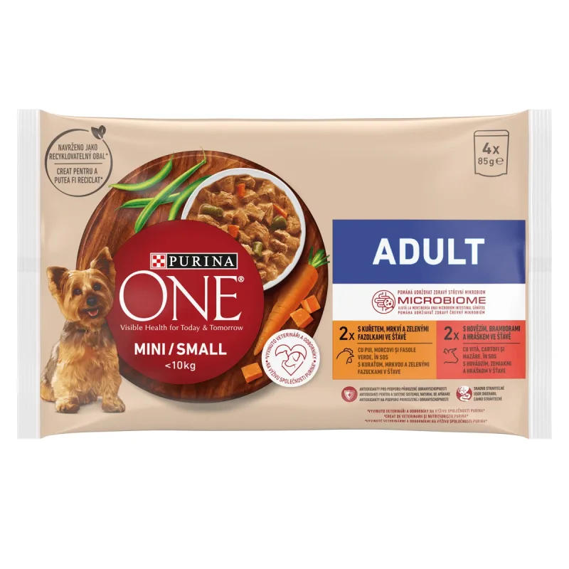 PURINA One Mini Adult, 2 arome, multipack plic hrană umedă câini, (în sos), 85g x 4 — preț și oferte