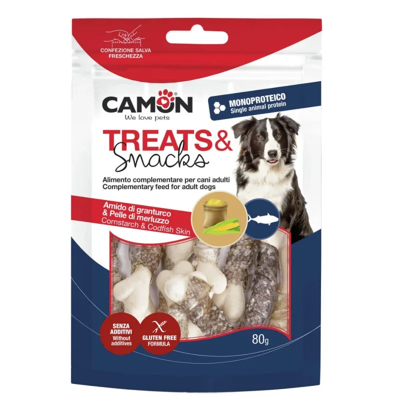 CAMON Codfish Skin & Cornstarch Bones, XS-XL, Cod, punguță recompense câini, 80g — preț și oferte