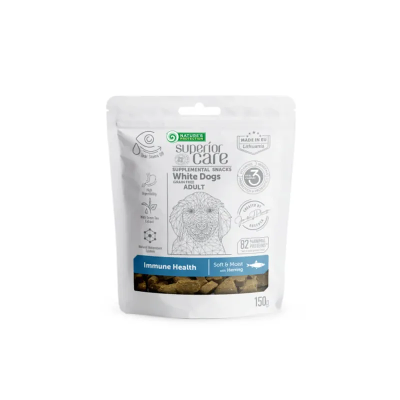 NATURES PROTECTION Superior Care White Dogs, XS-XL, Hering și Ceai verde, punguță recompense funcționale fără cereale câini, sistem imunitar, 150g — preț și oferte