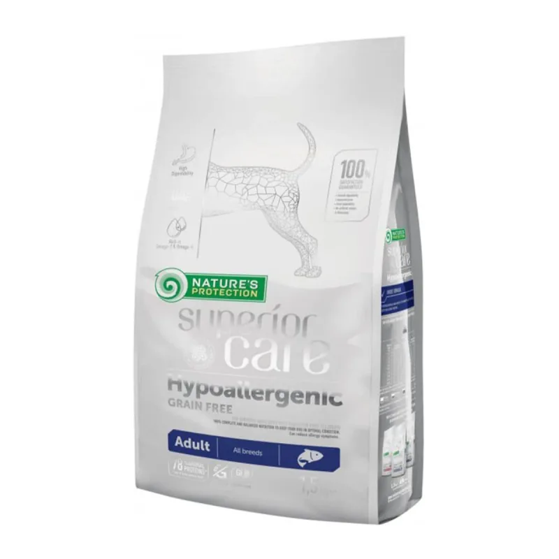 NATURES PROTECTION Superior Care Hypoallergenic, Somon, hrană uscată fără cereale câini, afecțiuni digestive și dermatologice, 1.5kg — preț și oferte
